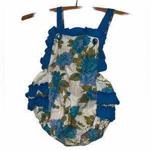 Handmade teal Blue cream Floral Baby Romper with Ruffles 6-9m